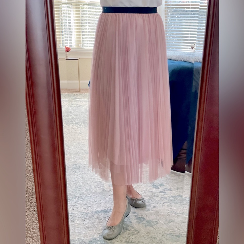 Pleated Tulle Midi Skirt in Soft Pink - S/M